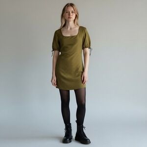 JJXX Olive Green Quilted Lined Mini Dress Puff Sleeve Square Neck - Sample